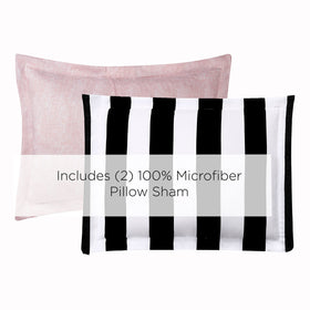 Juicy Couture Cabana Stripe reversible shams shown with coordinated bedding look.