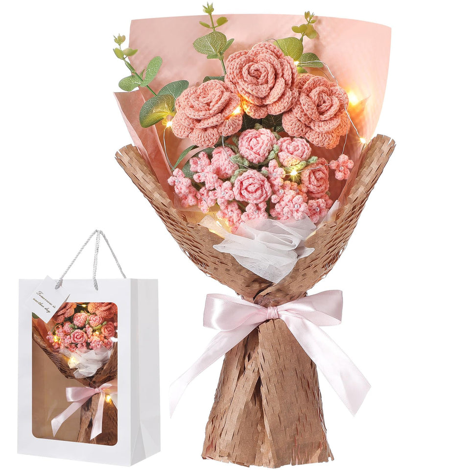 Juinte crochet flowers bouquet pink full view, durable home decor for many occasions