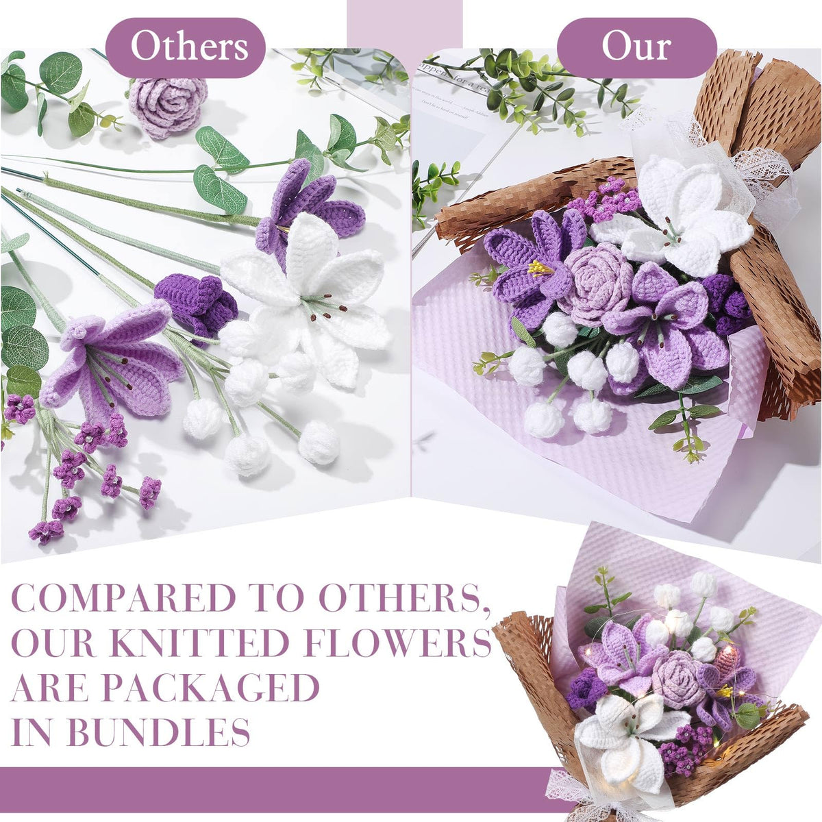 Juinte Graduation crochet bouquet showcases dark purple little flower for depth.