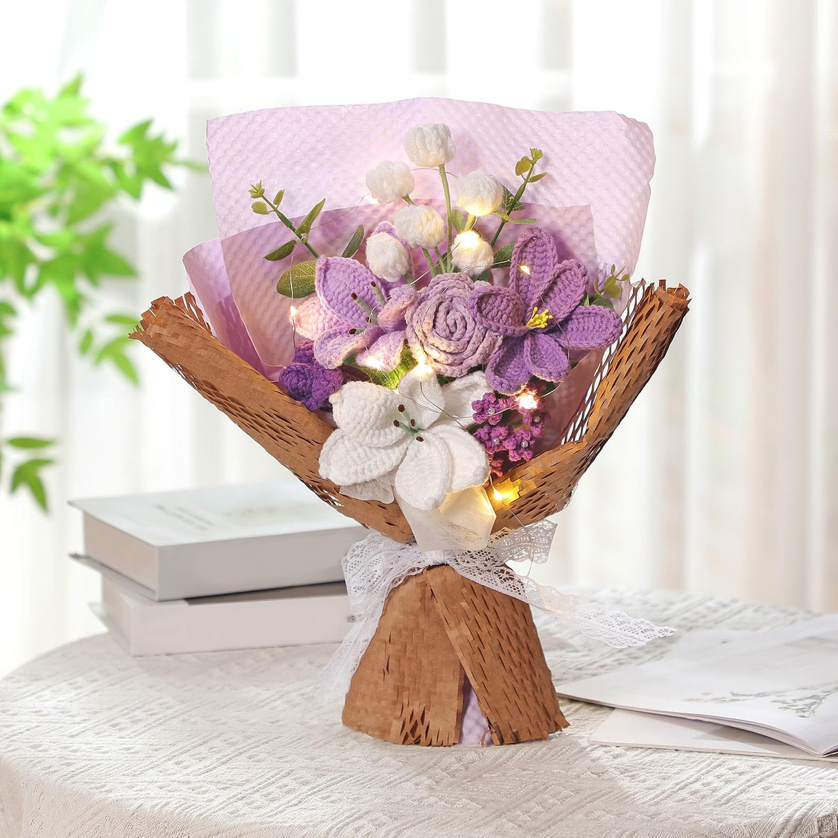 Juinte Graduation crochet bouquet with dark purple tulip provides elegant, maintenance-free flair.