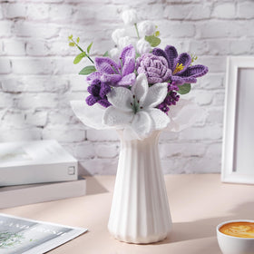 Juinte Graduation crochet bouquet with light purple tulip offers soft, allergy-friendly decor.