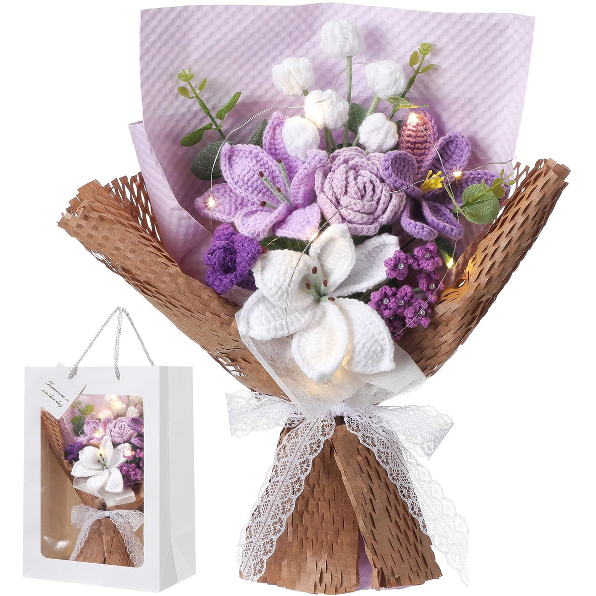 Juinte Graduation crochet bouquet with white lily offers a durable keepsake for celebrations.