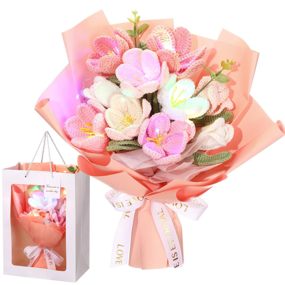 Juinte Mothers Day crochet flowers bouquet pink with LED lights enhances display
