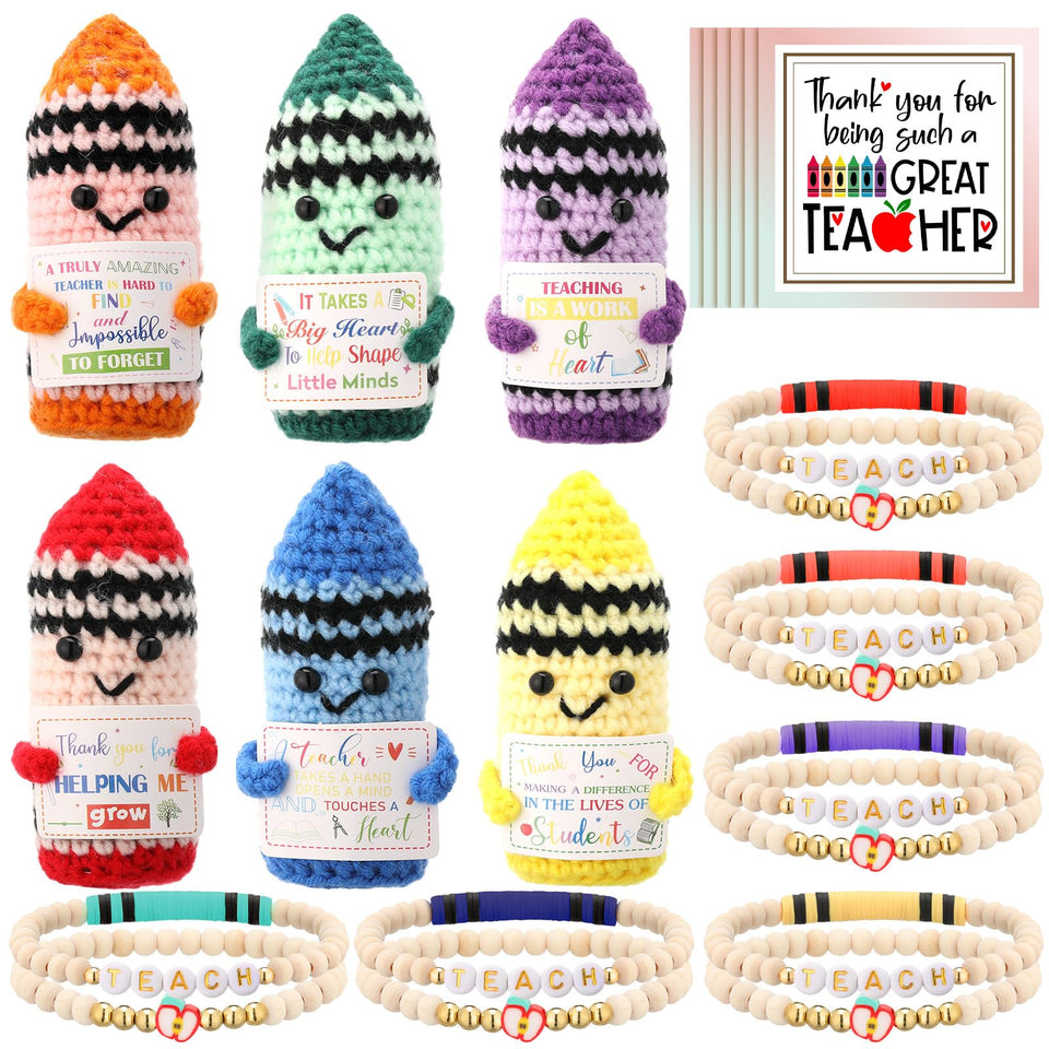 Juinte crochet crayons 6-pack elevates teacher appreciation with handmade charm.