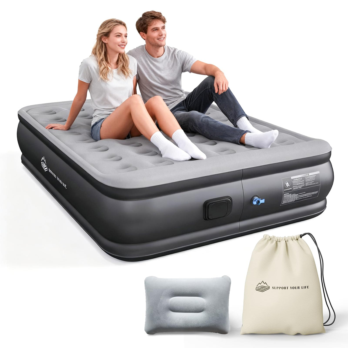 JUITOY Queen air mattress with built-in pump ready for quick setup.