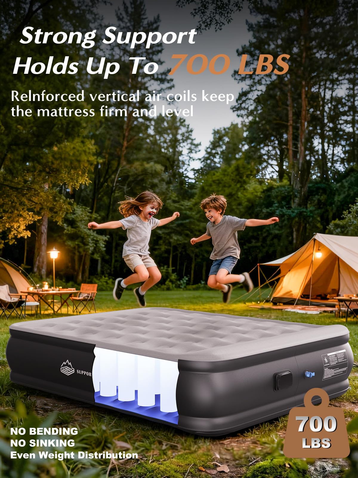 JUITOY Queen air mattress with integrated pillow supports neck and head overnight.