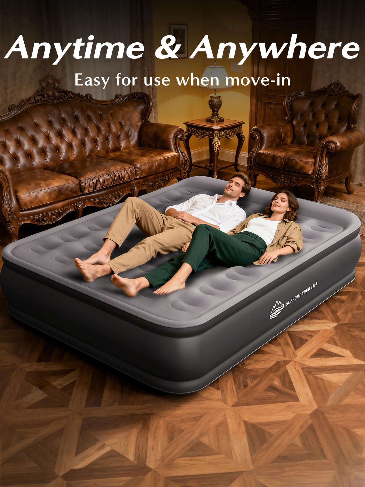 JUITOY Queen air mattress has a soft fleece surface for cozy sleep.