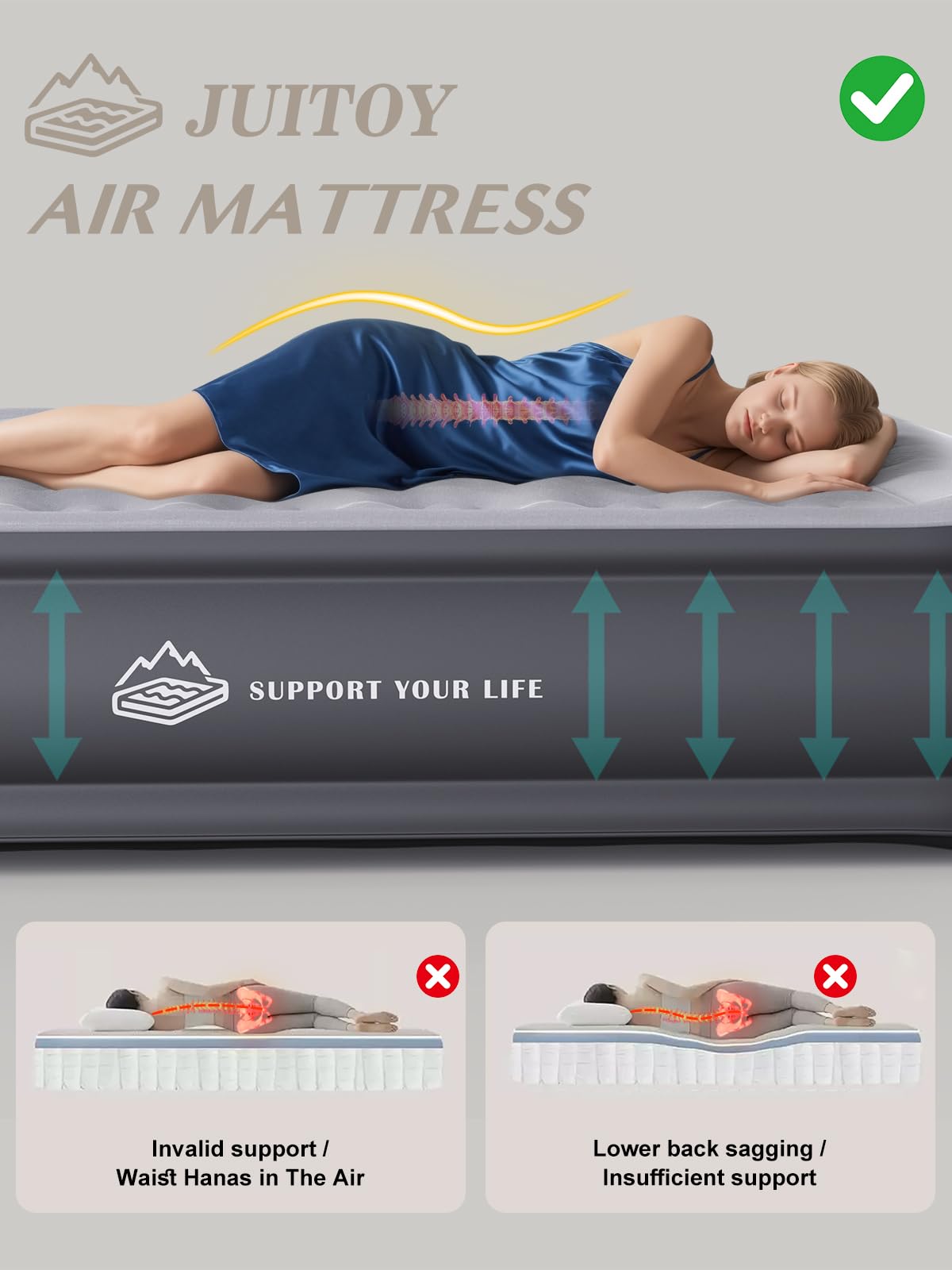 JUITOY Queen air mattress features tear-resistant PVC for lasting comfort.