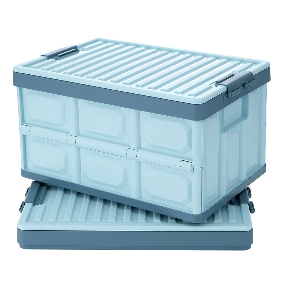 JUJIAJIA blue folding crate front view showing lid and sturdy construction.