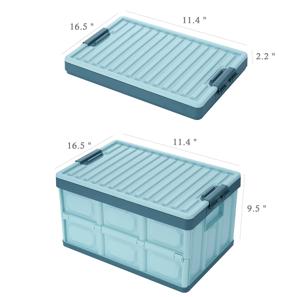 JUJIAJIA blue folding crate open with lid, showing interior capacity.
