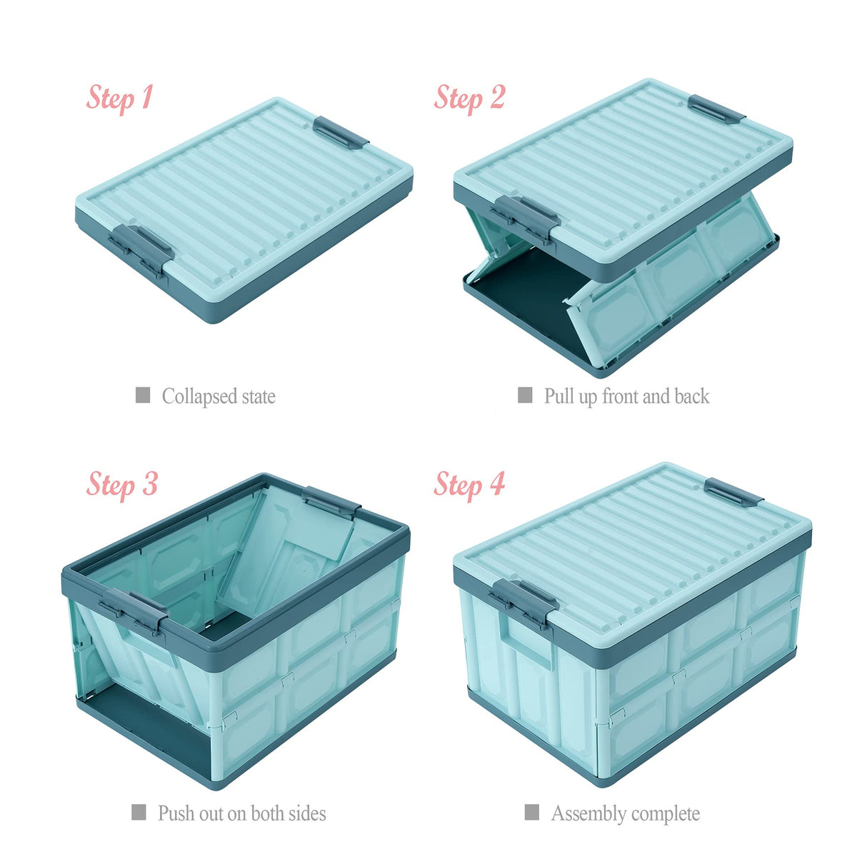 JUJIAJIA blue folding crates stacked to save closet space.