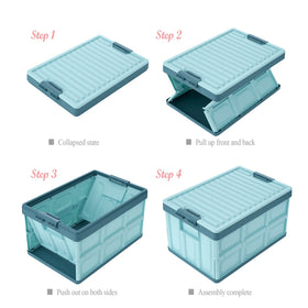 JUJIAJIA blue folding crates stacked to save closet space.
