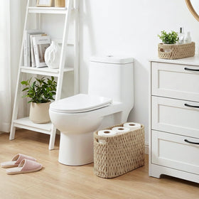 Jukercici bathroom organizer decor in brown enhances space.