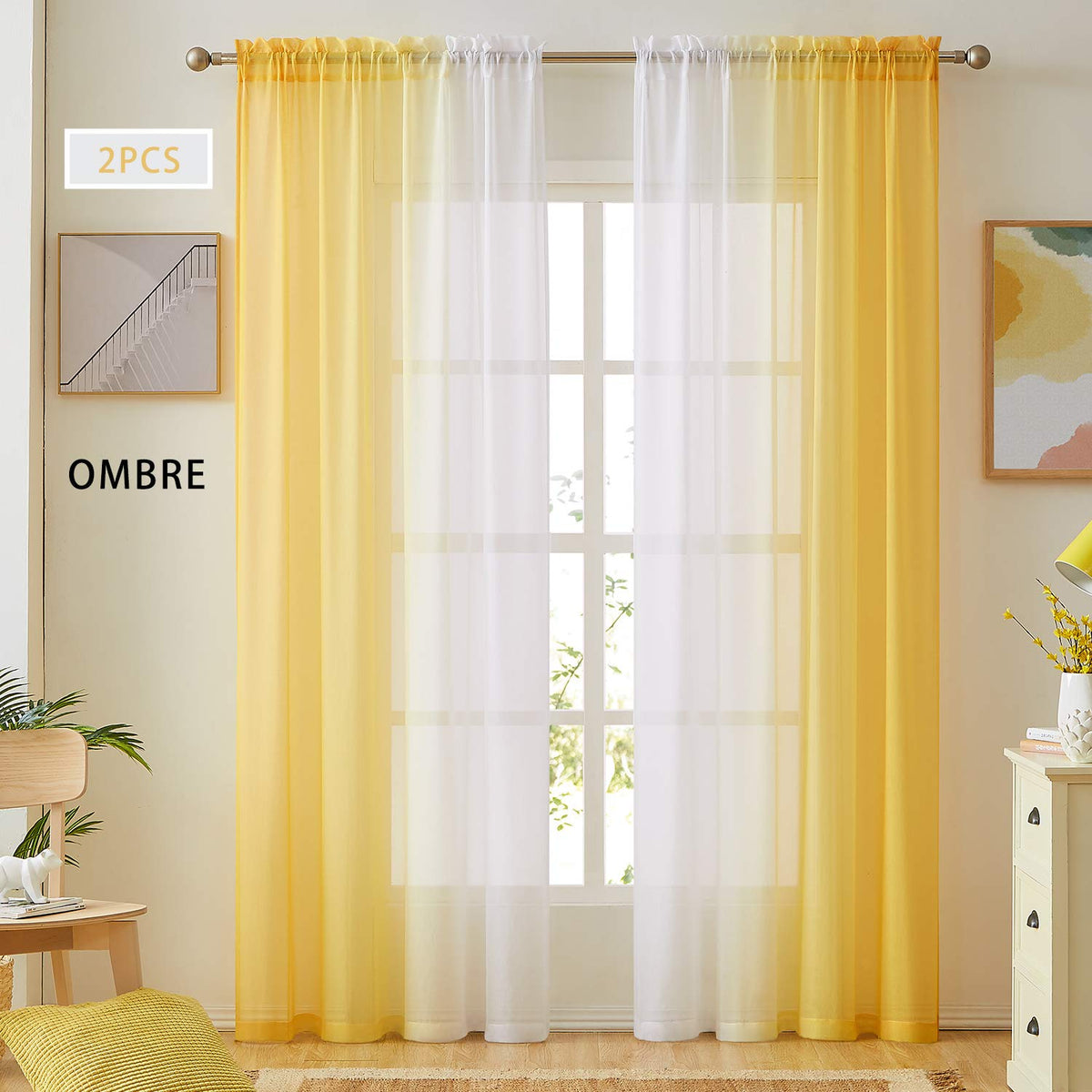 July Joy Ombre faux linen sheer curtains in yellow show color transition close-up.