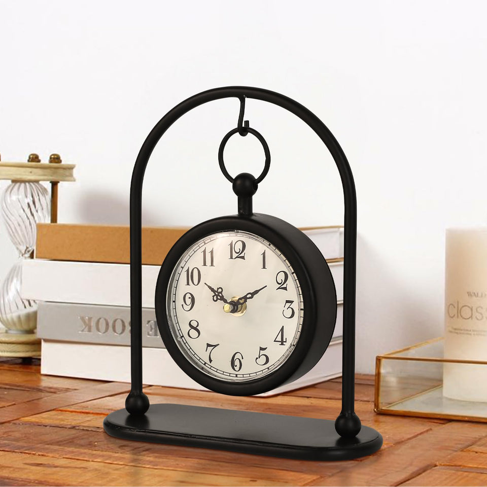 JUMBO DECOR Vintage Metal Table Clock front view adds rustic charm to living spaces.