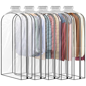 JUMBO FILTER 60-inch all-clear garment bag in closet for quick outfit selection.