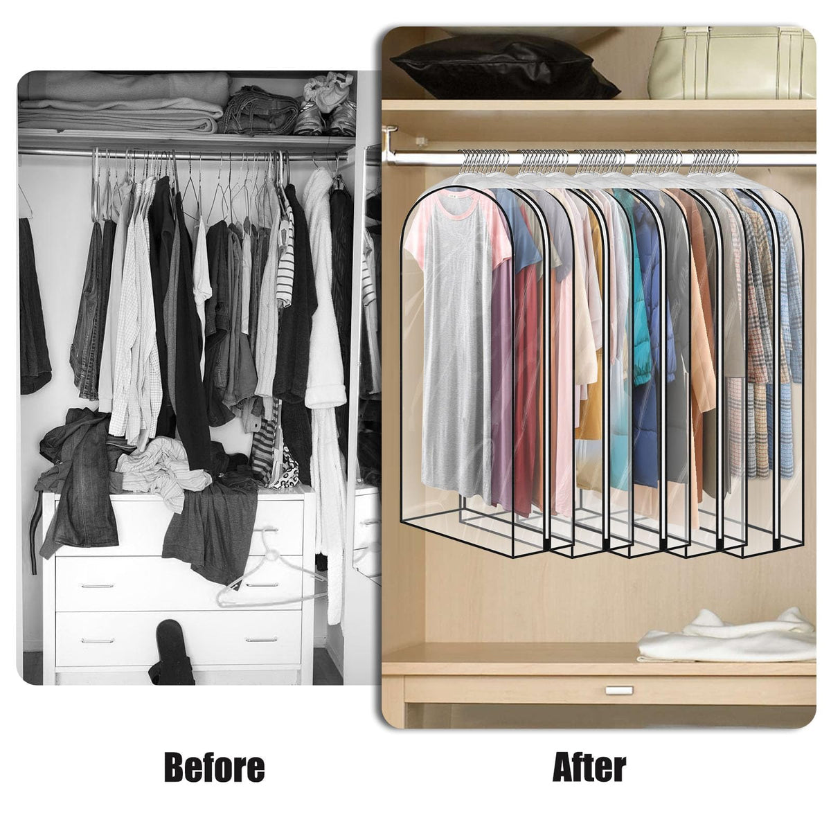 JUMBO FILTER garment bags keep closet tidy and wrinkle-free.