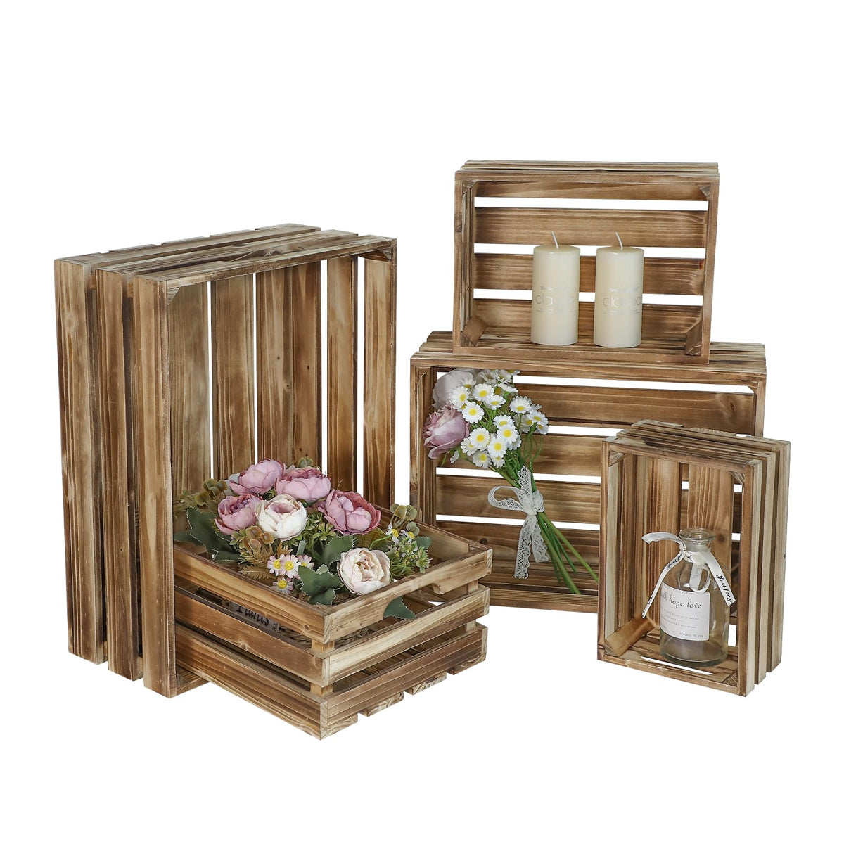 JUMBO HUMBLE five-size nesting wooden crates for versatile storage.