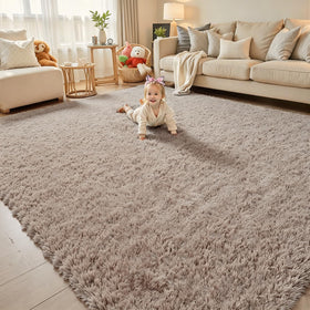 Junhejiamei 8x10 beige shag rug front view highlighting plush pile for cozy living spaces