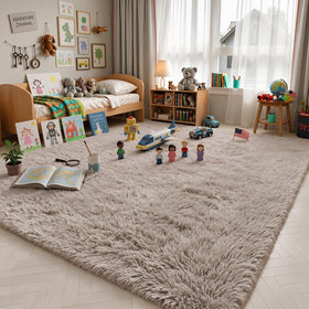 Junhejiamei 8x10 beige shag rug in a bedroom for a cozy retreat