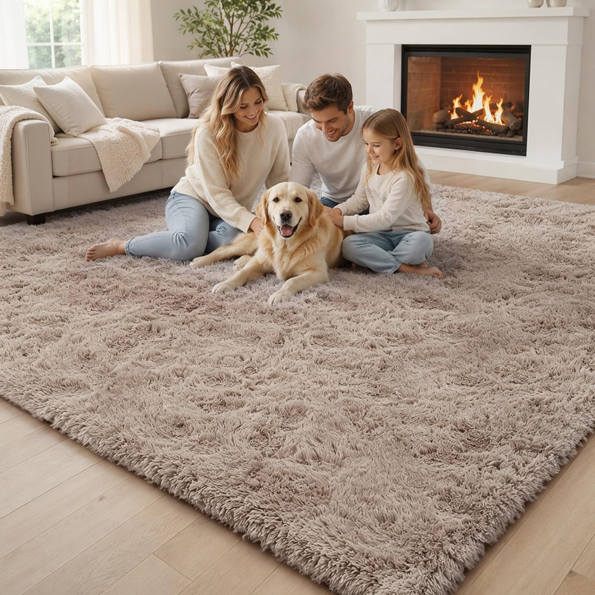 Junhejiamei beige shag rug integrated into a living room setup for warm decor