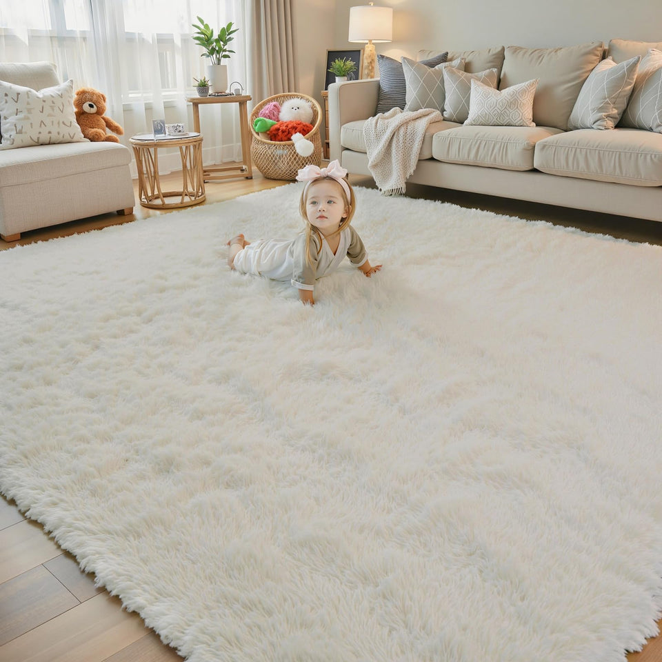 Junhejiamei cream 8x10 shag rug shows plush softness for cozy living spaces