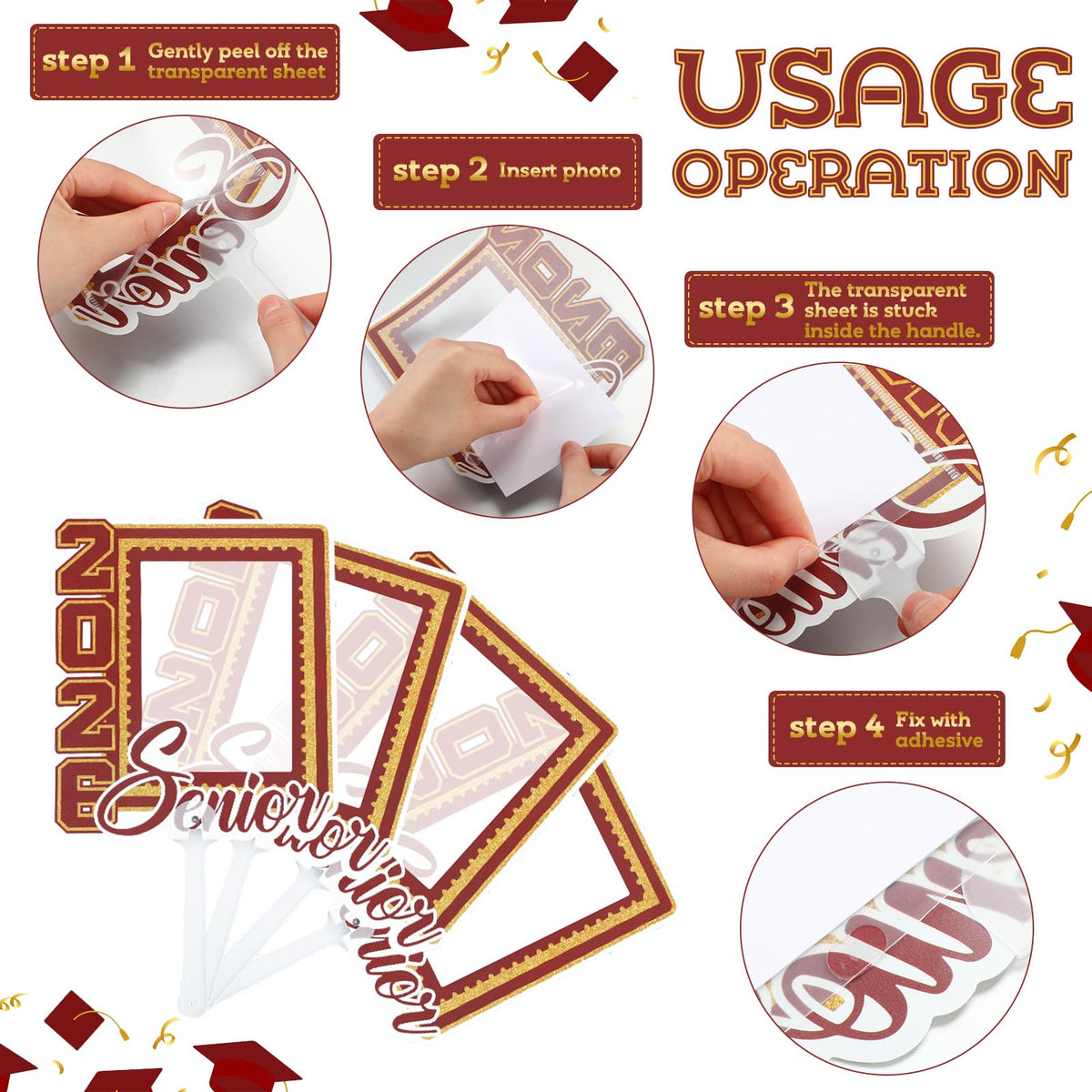 Junkin graduation fans red gold theme closeup enhances ceremony decor