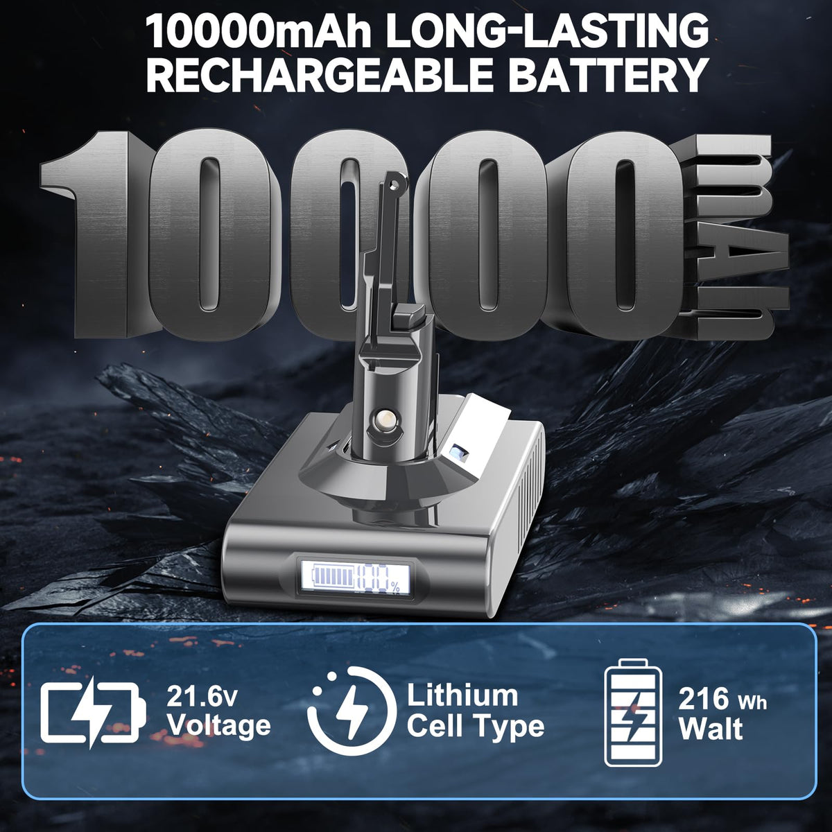 JUNWOOD 10.0Ah label on the Dyson V8 battery indicating high capacity