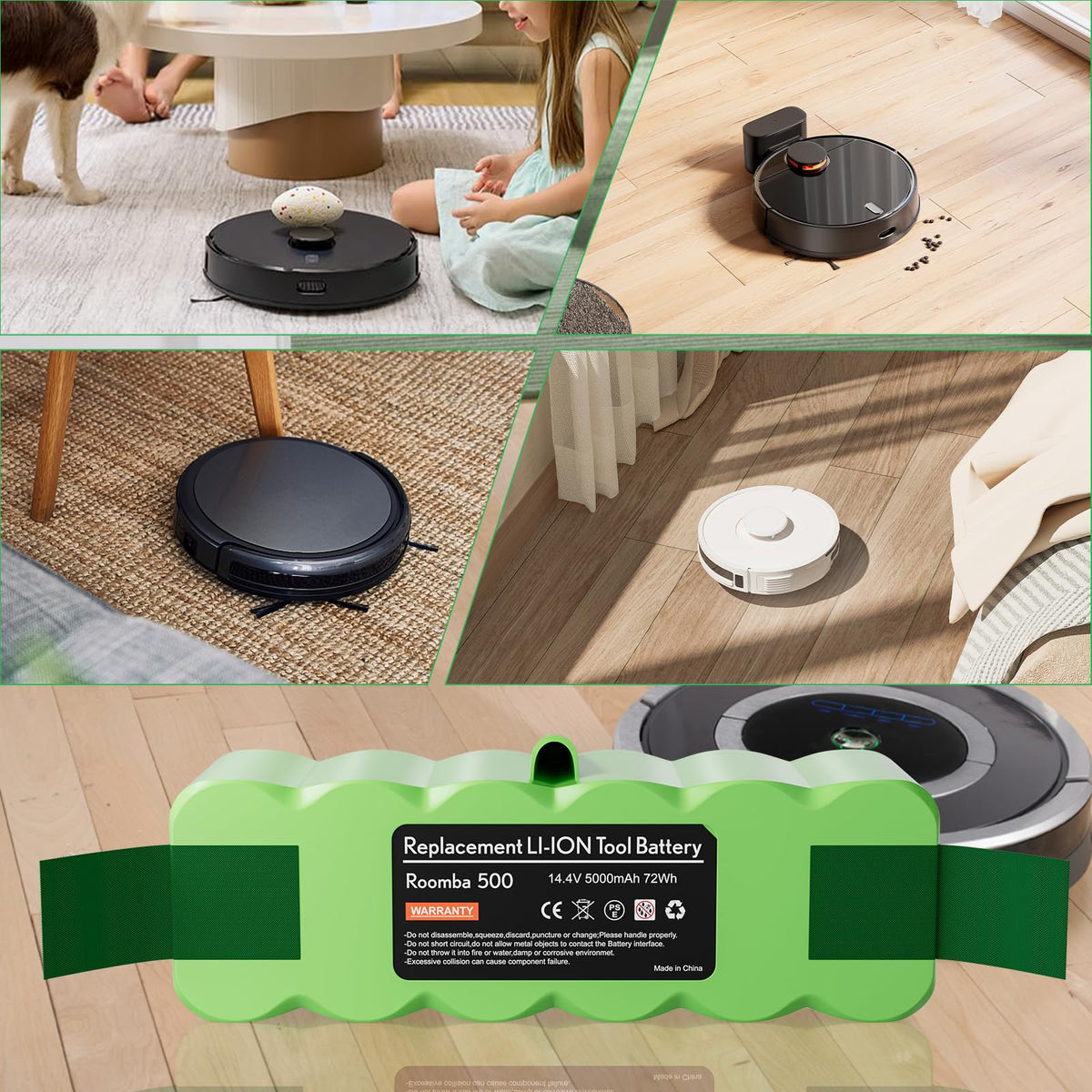 JUNWOOD 6.4Ah Roomba battery in use, restoring cleaning performance.