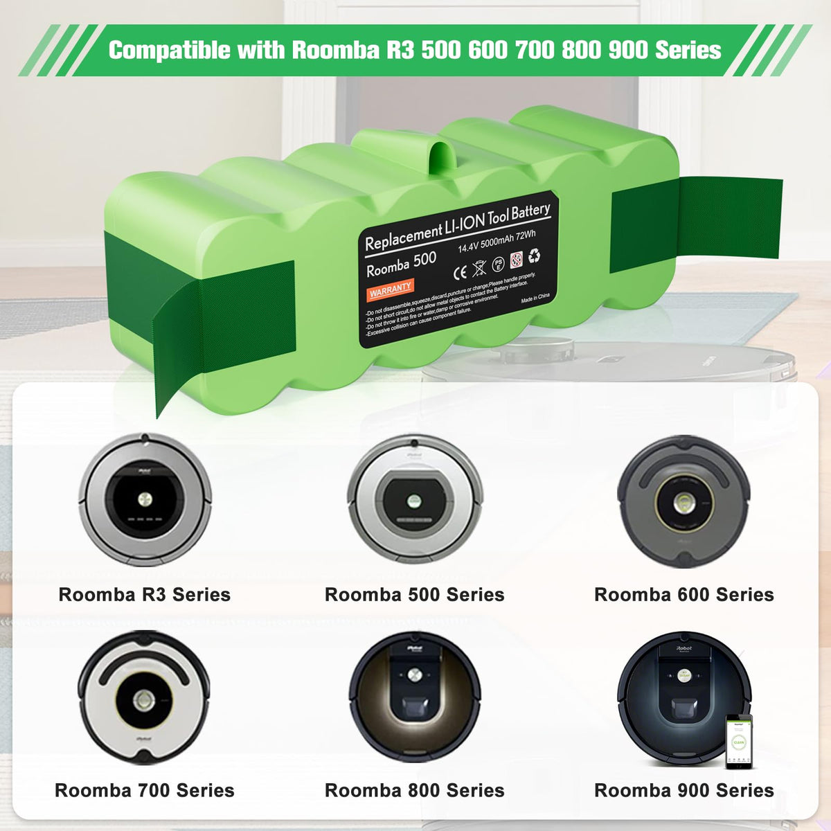 JUNWOOD 6.4Ah battery for Roomba R3, side connection, quick swap and reliable power.