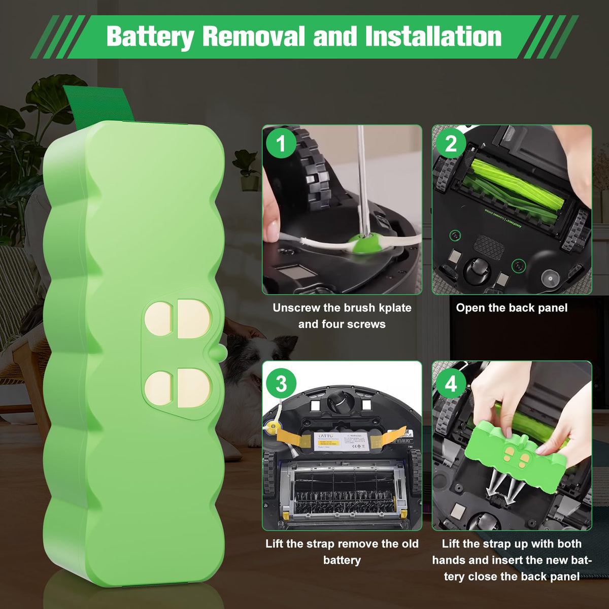 JUNWOOD 6.4Ah Roomba battery safety certifications badge, CE/ROHS compliant.