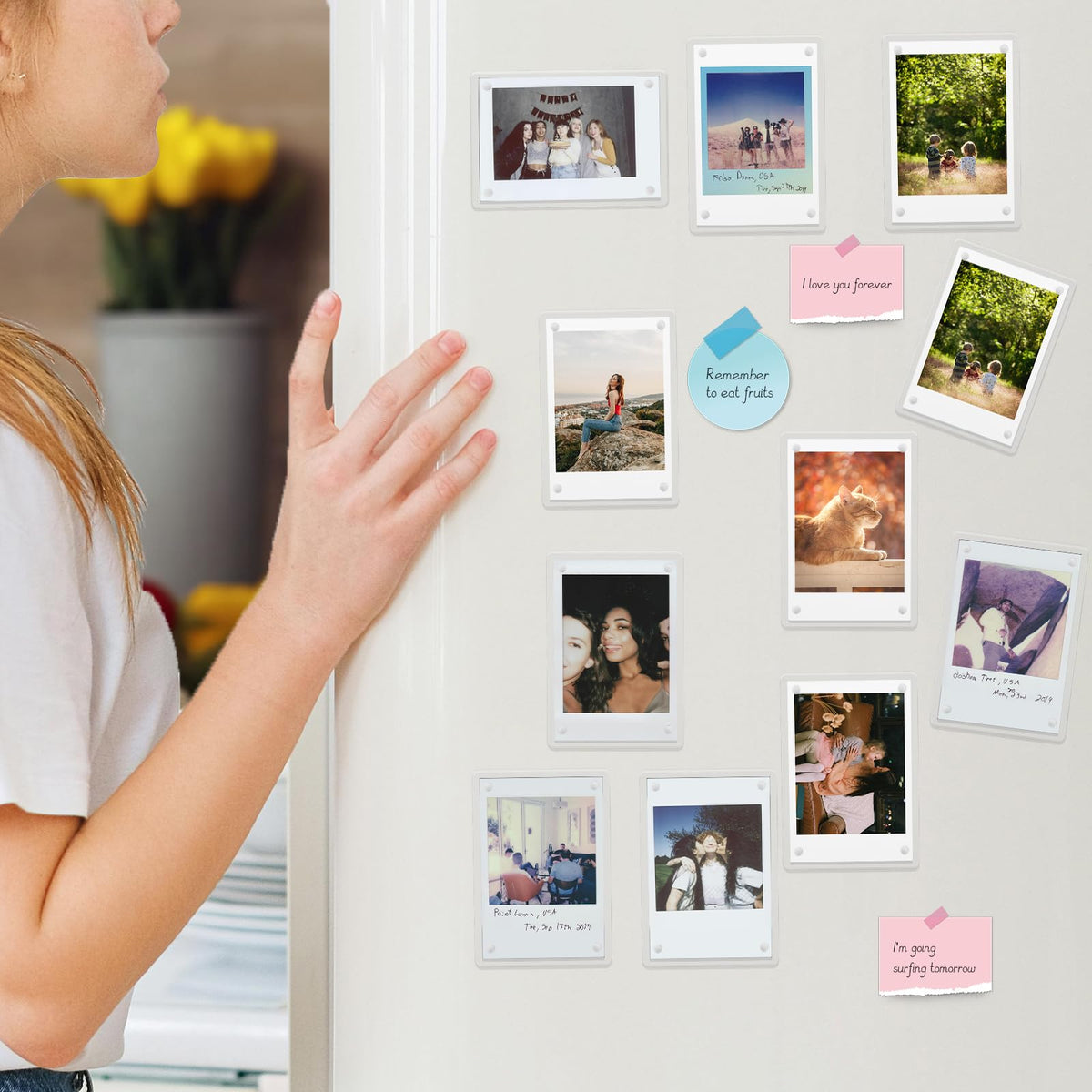 JUOIFIP magnetic fridge frame securely attaches to metal surfaces for quick updates