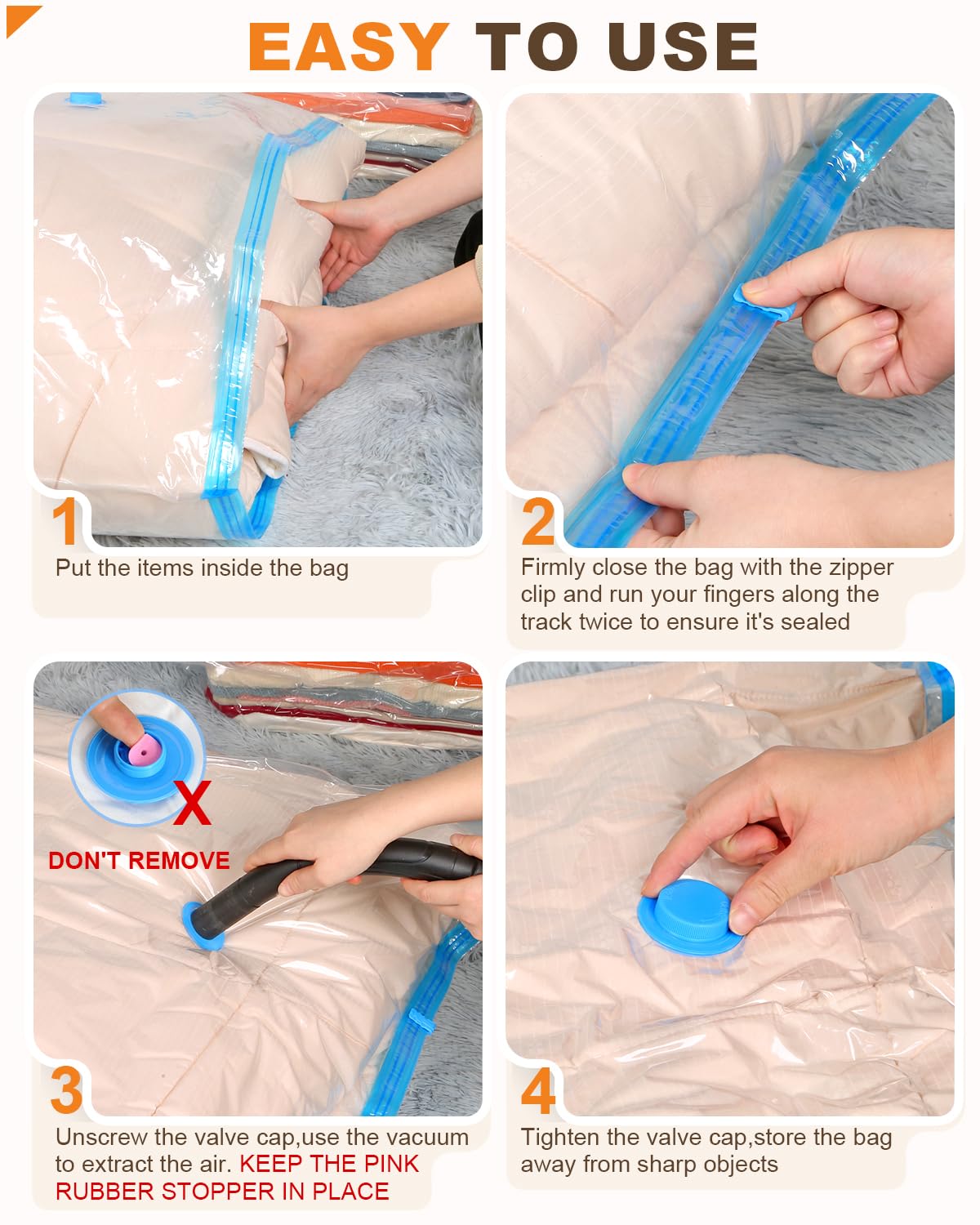 Vacuum cleaner attachment compresses large bags quickly for fast organization