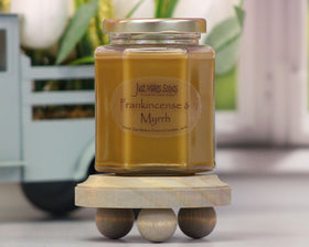 Just Makes Scents closeup of frankincense and myrrh candle captures warm, smoky aroma.