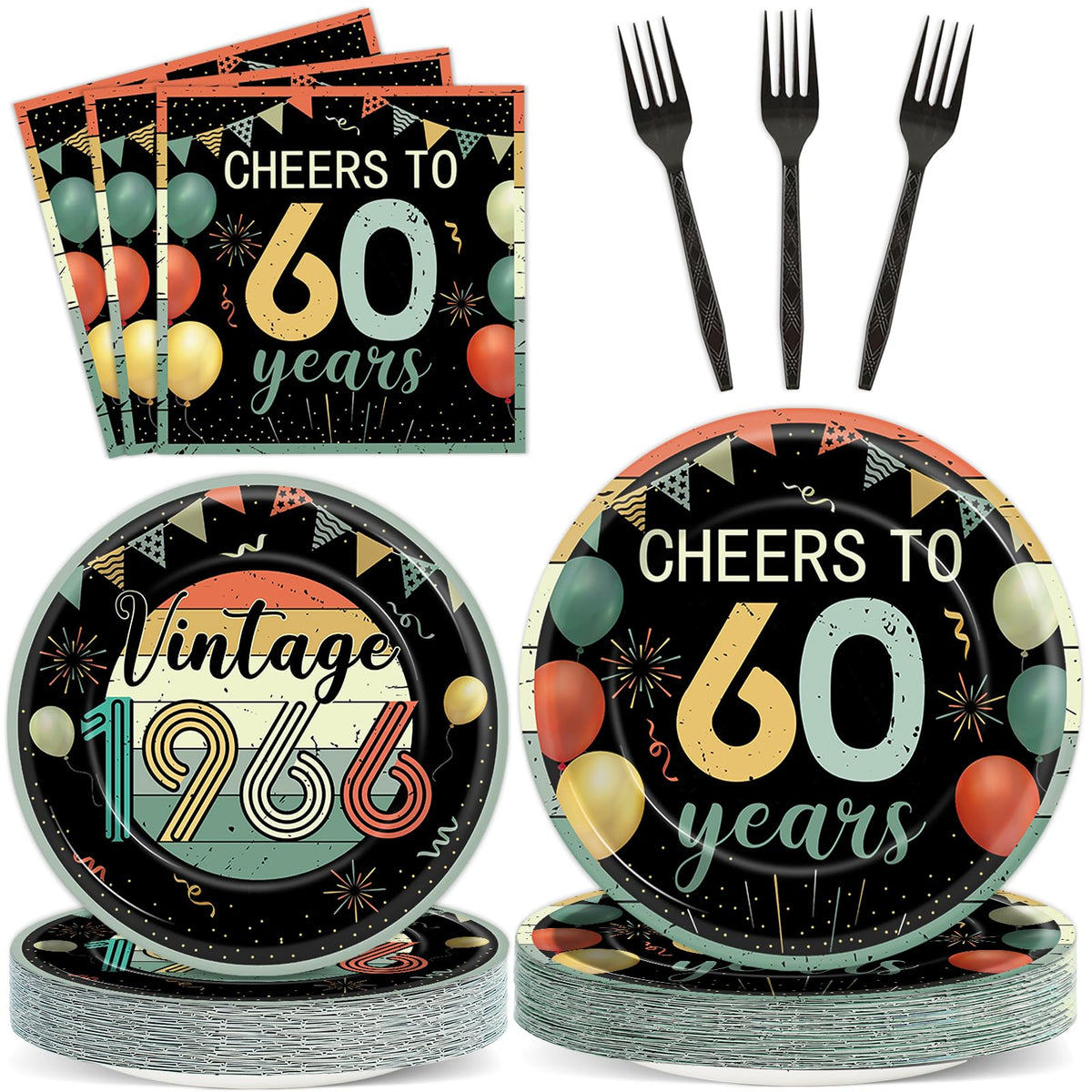 Justforjoyful vintage 60th birthday plates and napkins set for a 24-guest table, retro celebration-ready.
