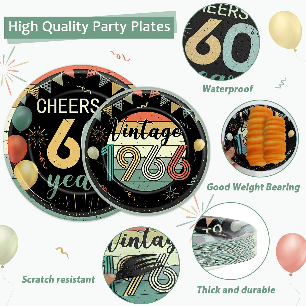 Justforjoyful plates featuring CHEERS TO 60 YEARS slogan for festive mood.