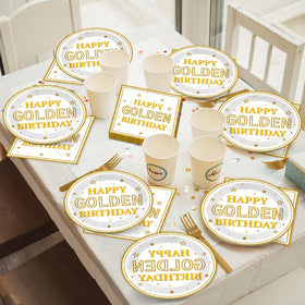 Justforjoyful white gold birthday tableware set designed for 24 guests