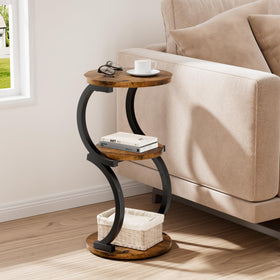 JUSTOGO three-tier end table wood top with black metal frame for versatile storage