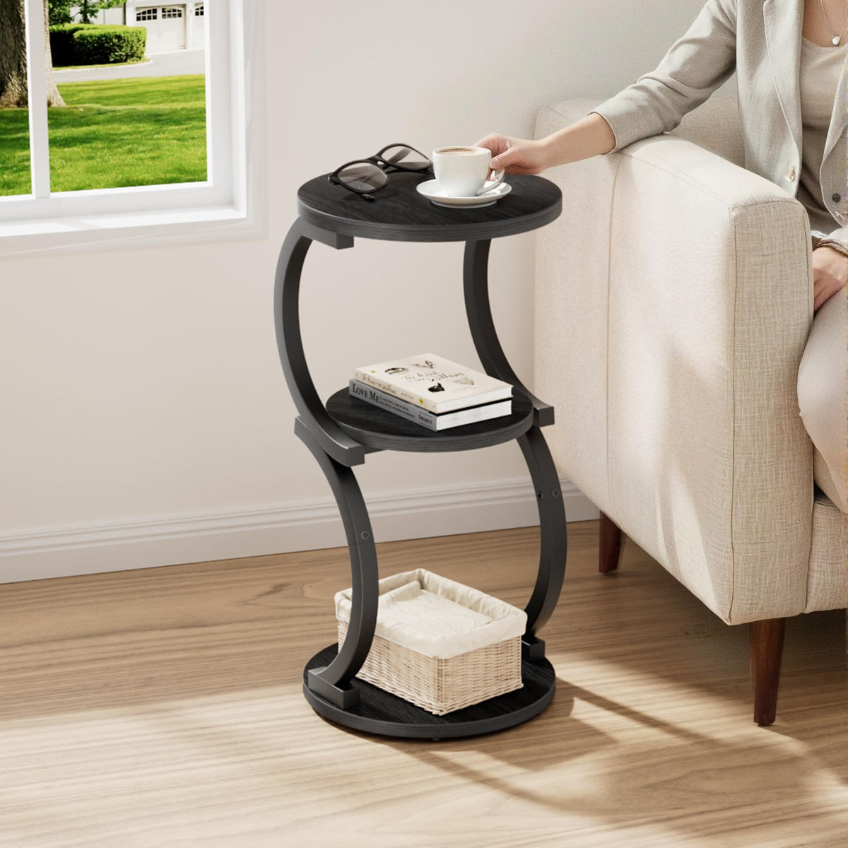 JUSTOGO S-shaped end table in black frame adds chic corner storage