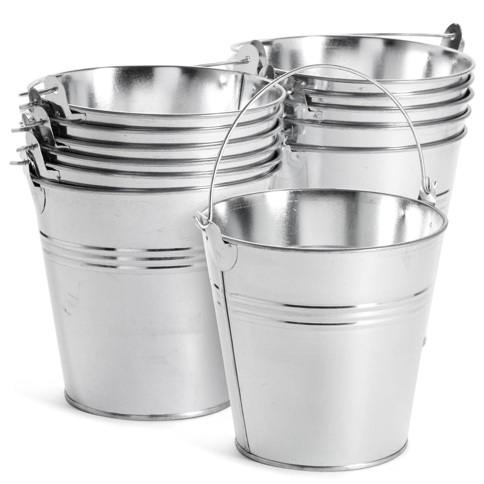 Juvale galvanized metal buckets 12-pack for rustic party decor.