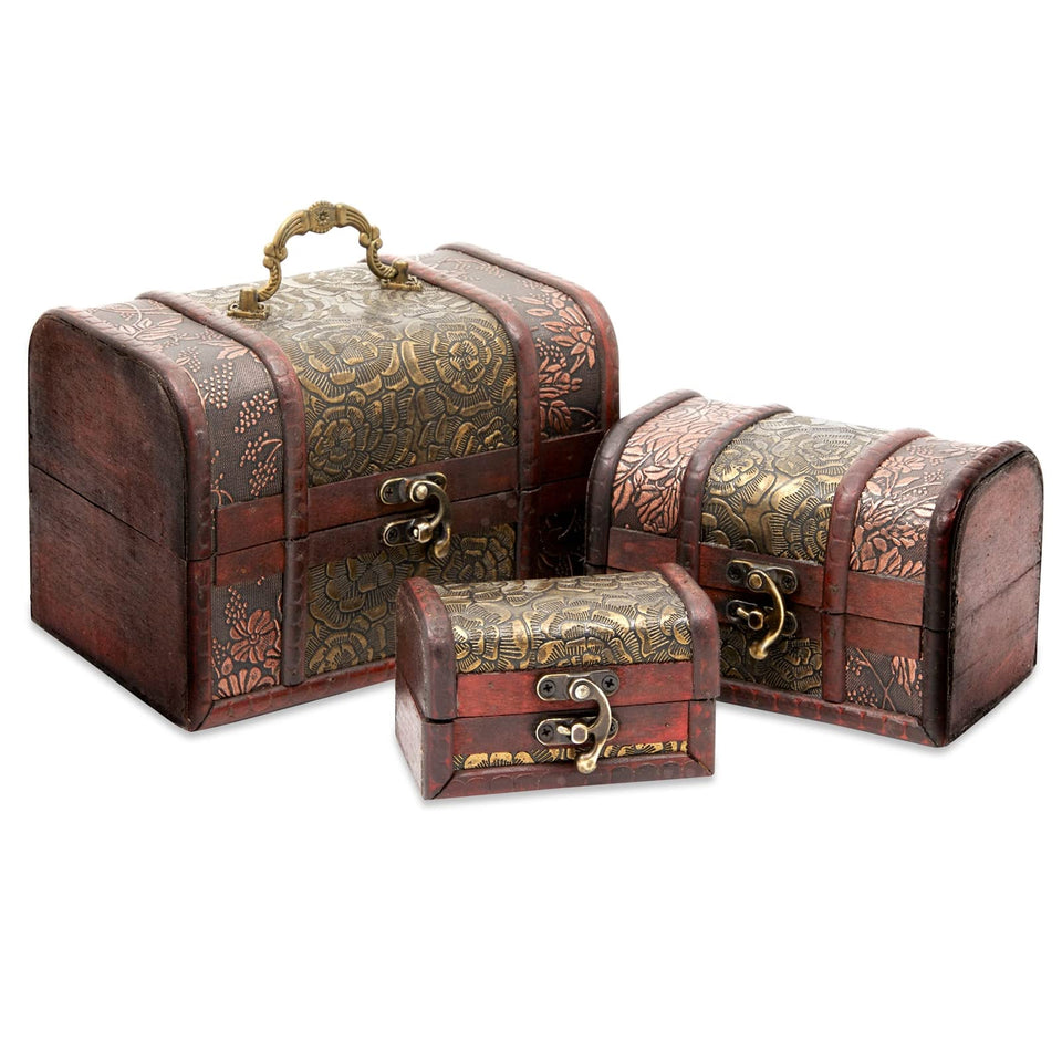 Juvale wooden treasure chest set with three nesting boxes for organized storage.