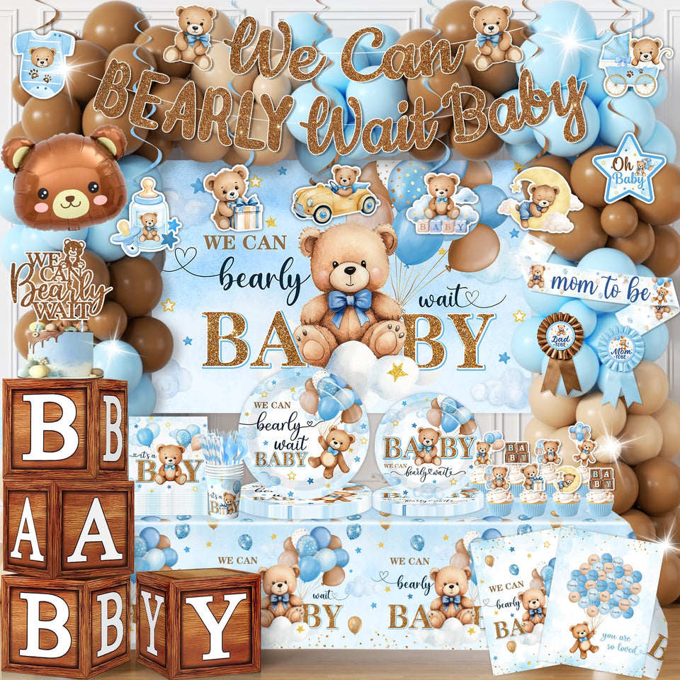 Juweked blue bear balloon arch kit creates a playful backdrop for a boy's baby shower.