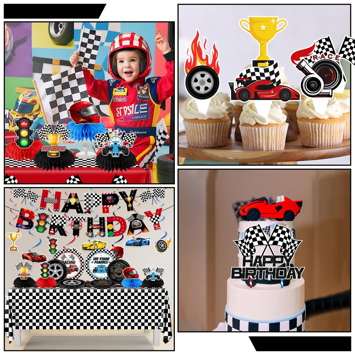 Juweked race car banner with swirls creates a photo-ready race day backdrop