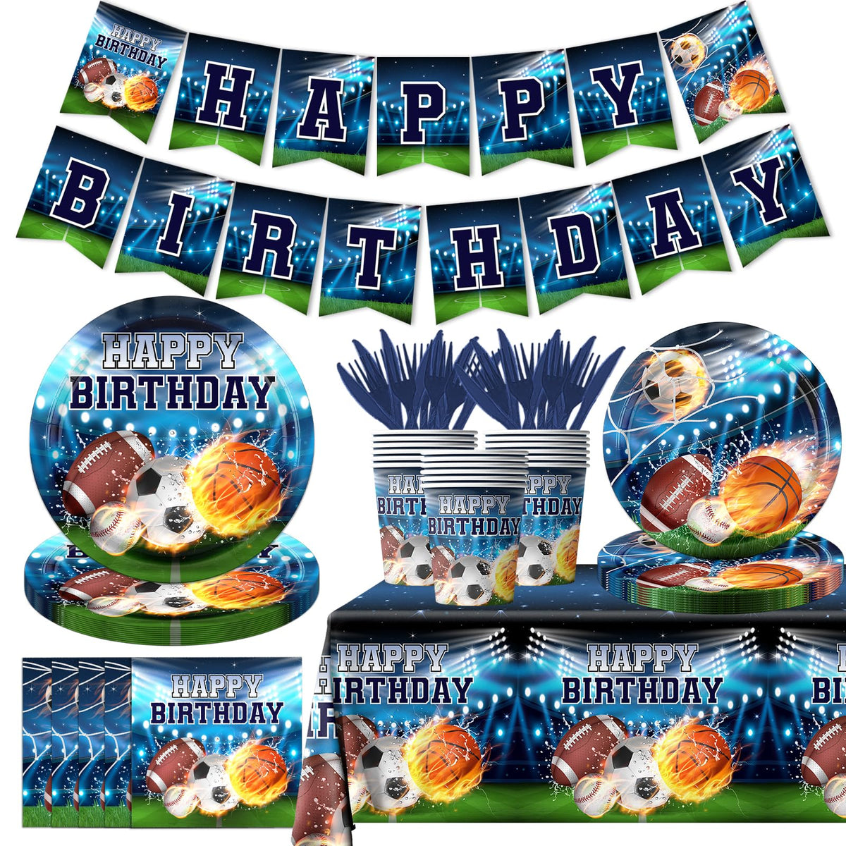 Juweked sports plates and banner create an immersive party atmosphere.