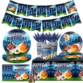 Juweked sports plates and banner create an immersive party atmosphere.