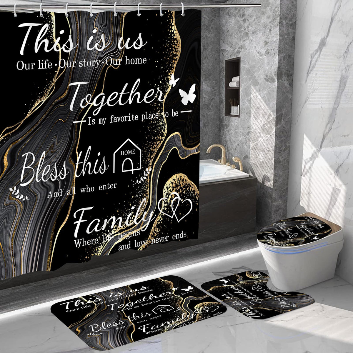 juwute family marble shower curtain set main view for modern bath decor