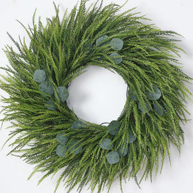 Juxdp 26-inch artificial saw grass wreath on front door adds inviting curb appeal.