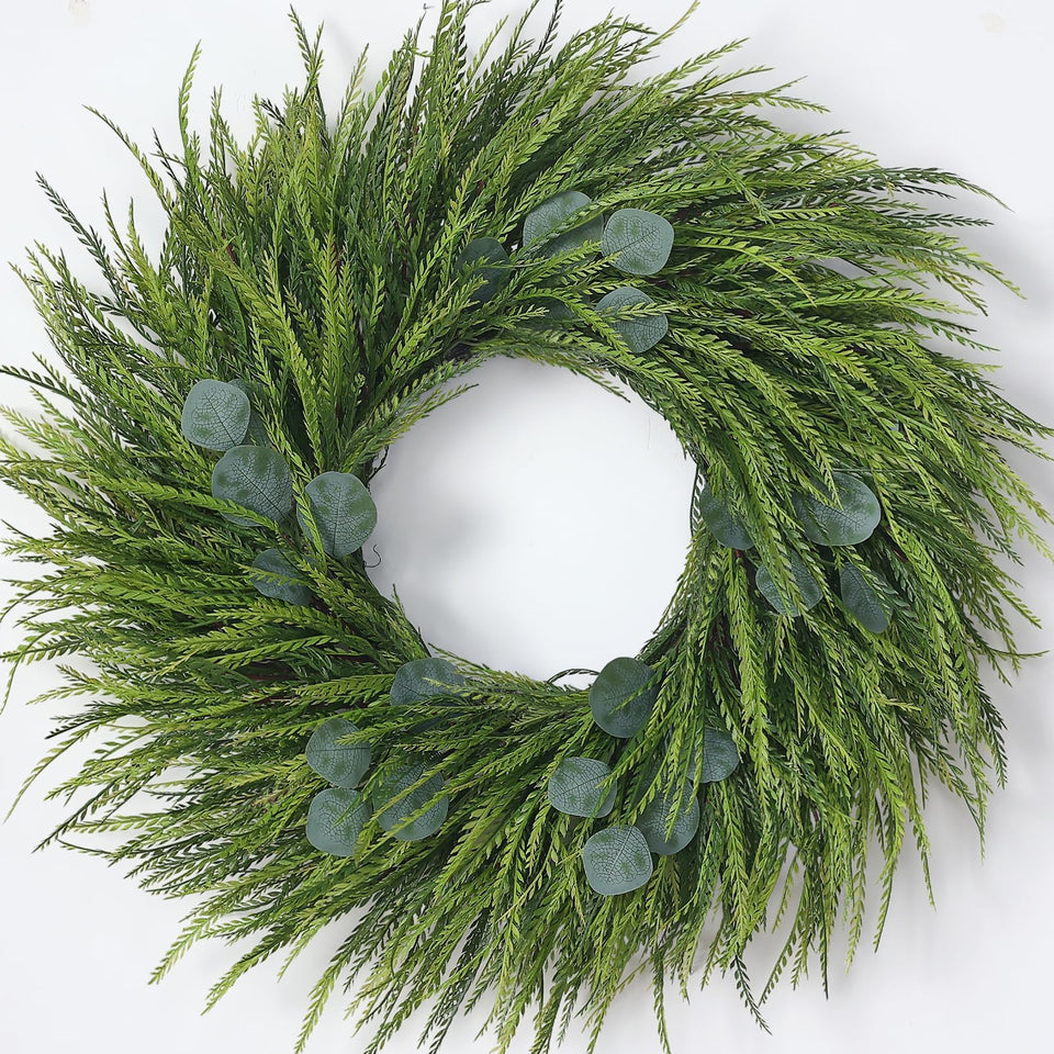 Juxdp 26-inch artificial saw grass wreath on front door adds inviting curb appeal.