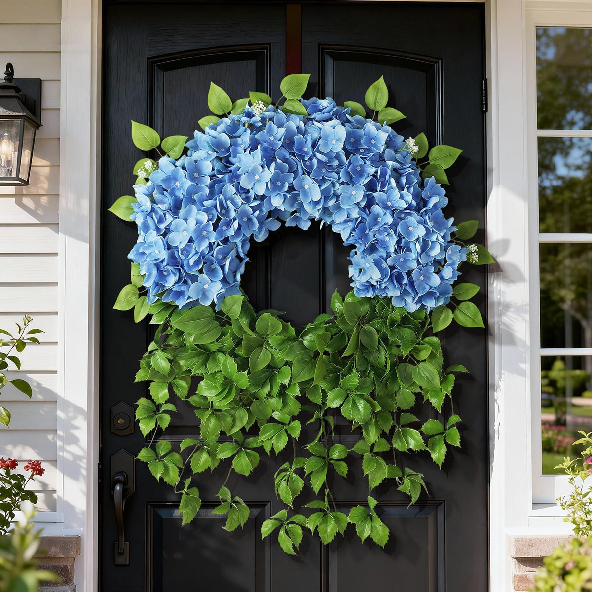 Juxdp blue hydrangea wreath close-up blooms showing lifelike silk texture