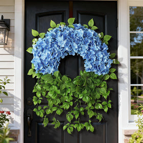Juxdp blue hydrangea wreath close-up blooms showing lifelike silk texture